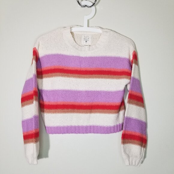 Billabong Striped Knit Sweater Cropped Lavender Orange Crew Neck Top Medium - Picture 1 of 7